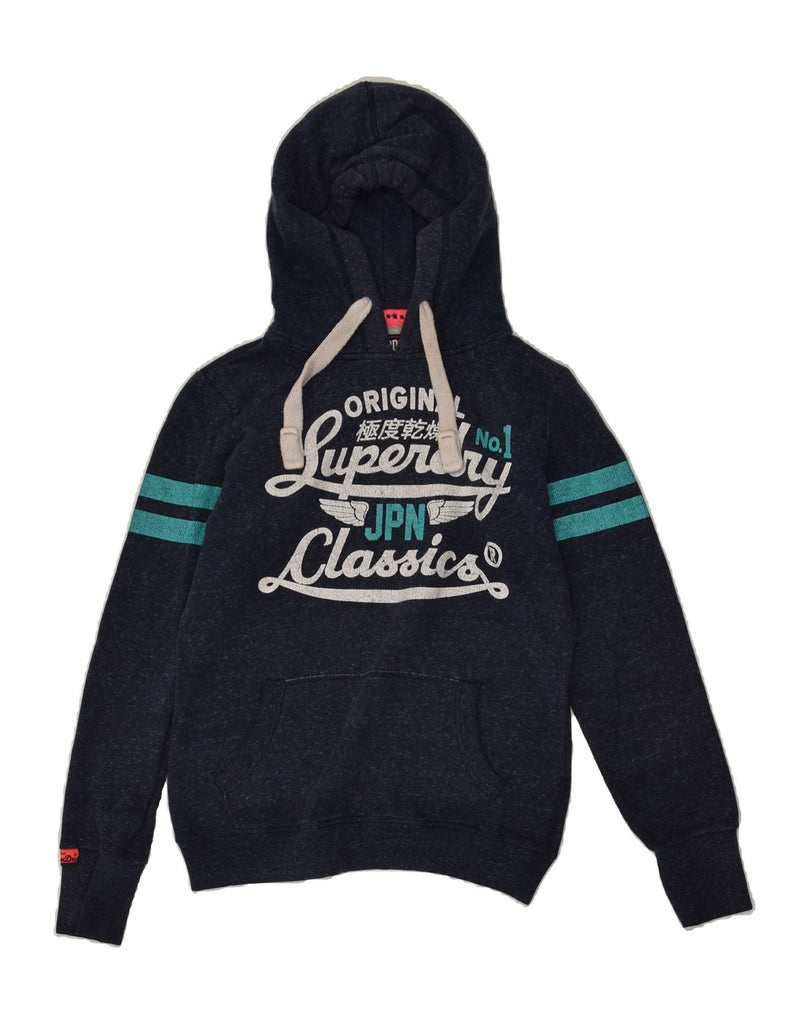 SUPERDRY Womens Classic Graphic Hoodie Jumper UK 10 Small Navy Blue Vintage Superdry and Second-Hand Superdry from Messina Hembry 