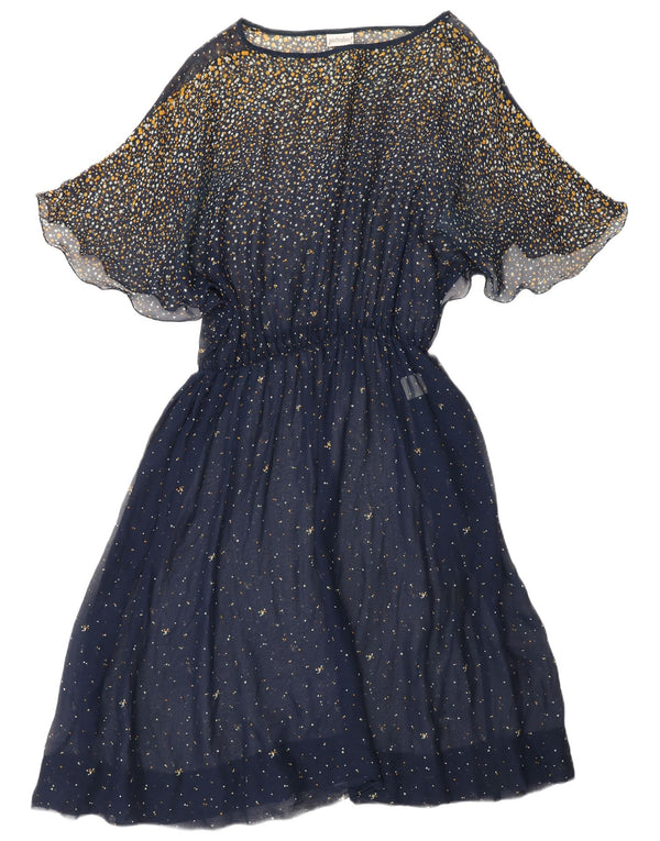 VINTAGE Womens Batwing Maxi Dress UK 18 XL Navy Blue Spotted Acetate