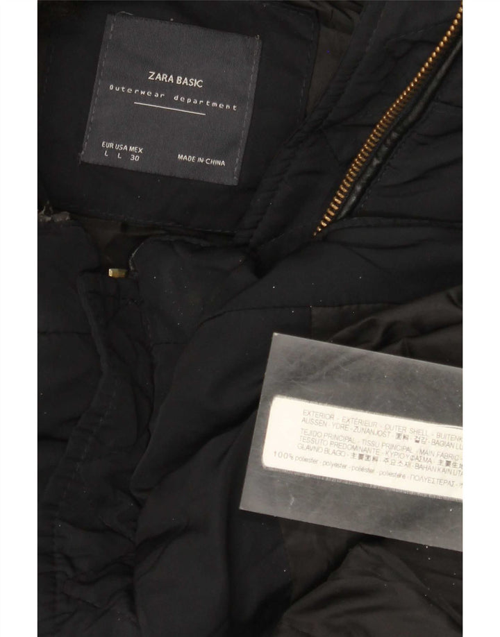 Zara Womens Crop Hooded Padded Jacket UK 16 Large Black Polyester
