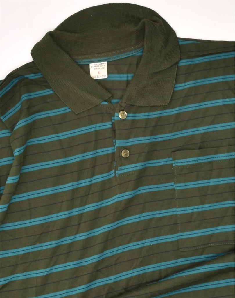 VINTAGE Mens Polo Shirt Large Green Striped Cotton | Vintage Vintage | Thrift | Second-Hand Vintage | Used Clothing | Messina Hembry 