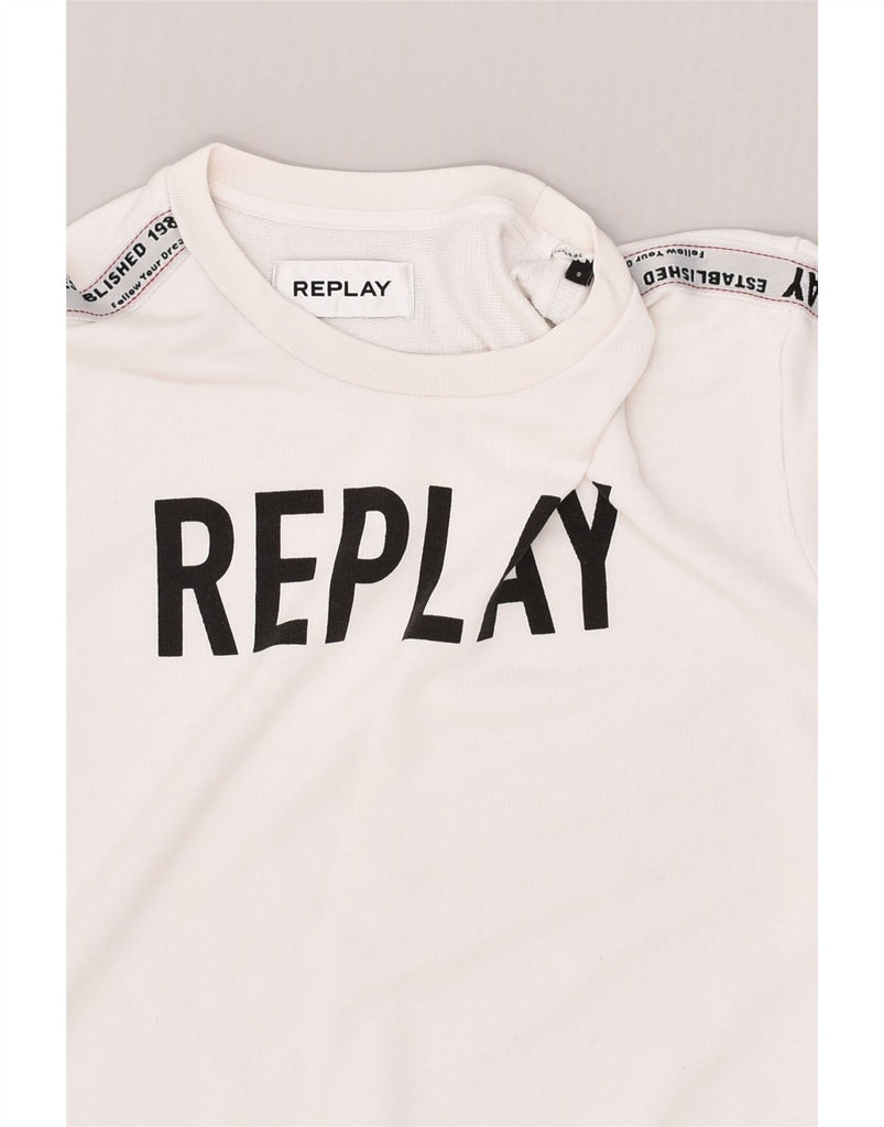 REPLAY Mens Graphic Sweatshirt Jumper Small White Cotton | Vintage Replay | Thrift | Second-Hand Replay | Used Clothing | Messina Hembry 