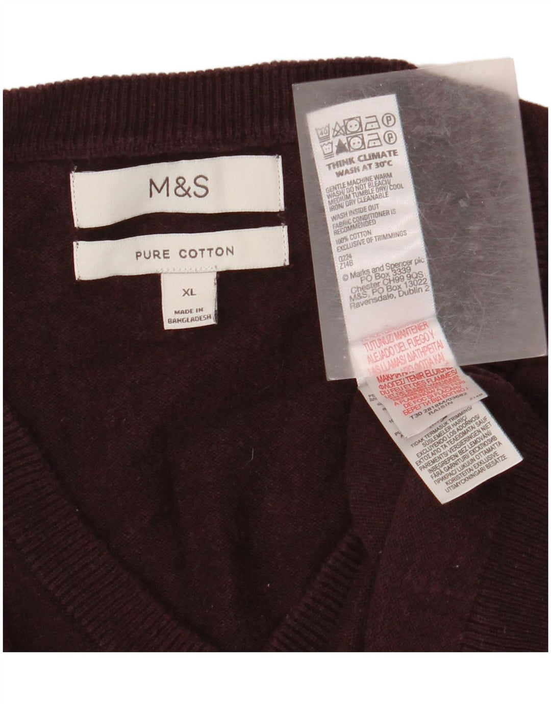 Marks & Spencer Mens V-Neck Jumper Sweater XL Burgundy Cotton