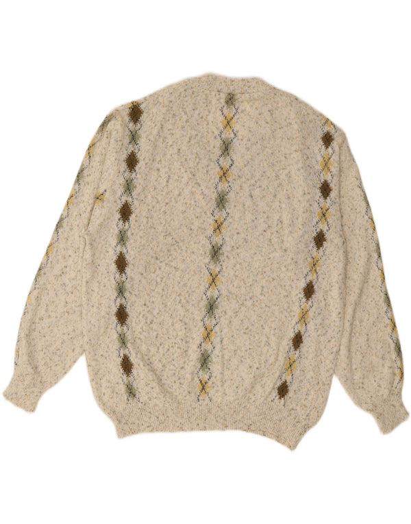SEVRES Mens V-Neck Jumper Sweater IT 48 Medium Beige Argyle/Diamond Cotton
