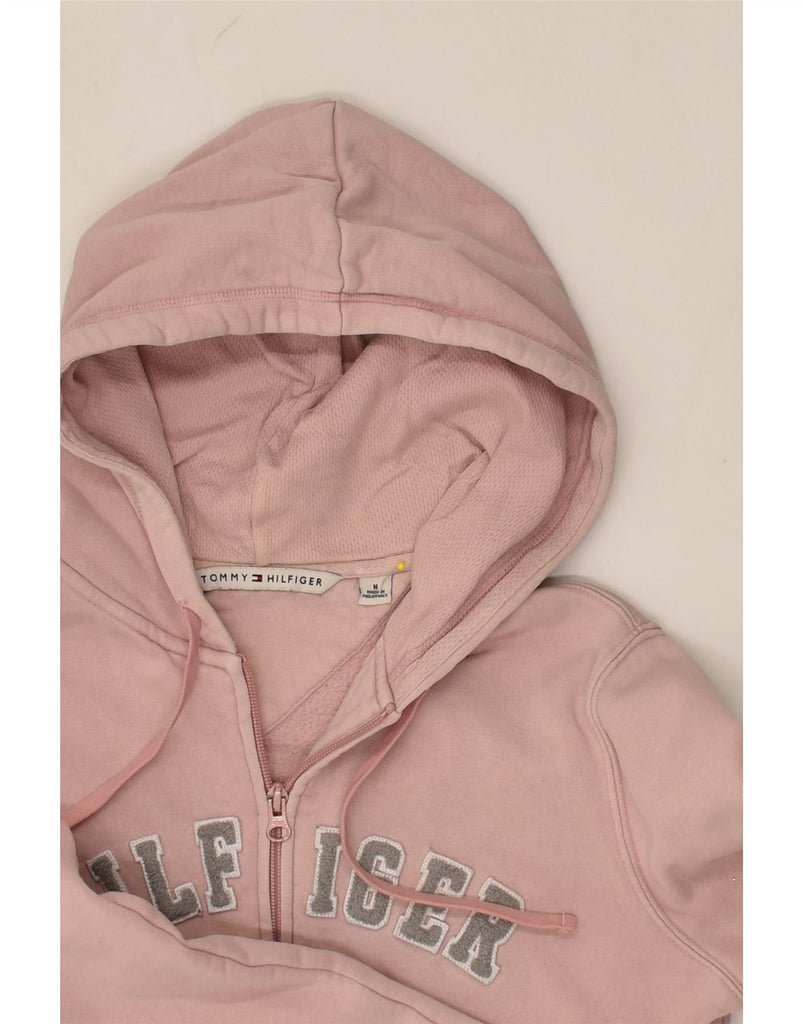 TOMMY HILFIGER Womens Graphic Zip Hoodie Sweater UK 14 Medium Pink Cotton | Vintage Tommy Hilfiger | Thrift | Second-Hand Tommy Hilfiger | Used Clothing | Messina Hembry 