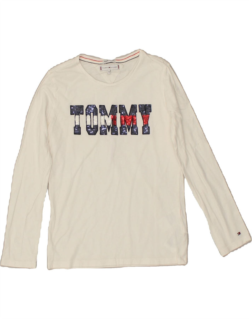 TOMMY HILFIGER Girls Graphic Top Long Sleeve 9-10 Years White Cotton Vintage Tommy Hilfiger and Second-Hand Tommy Hilfiger from Messina Hembry 