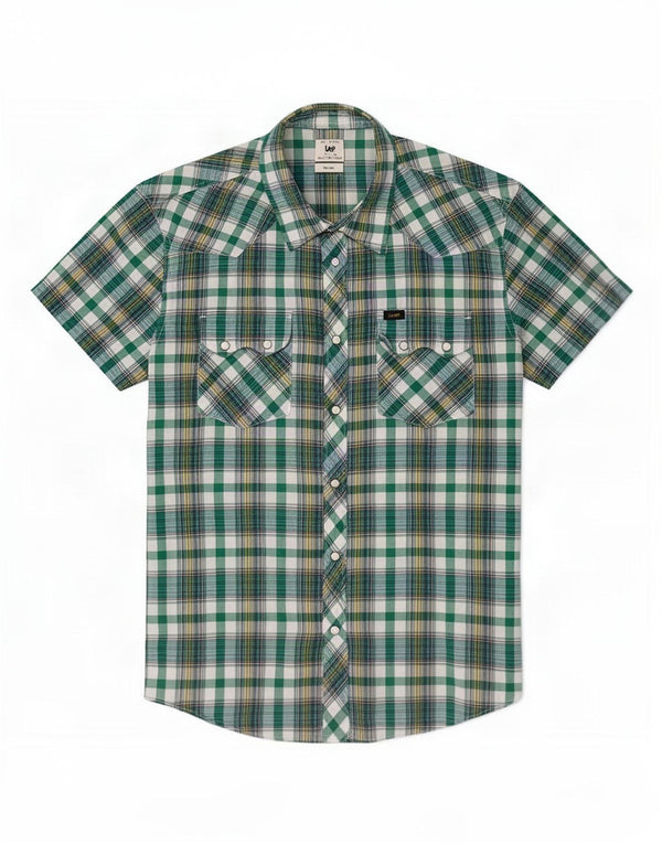 Lee Mens Rider Short Sleeve Shirt XL Green Check Cotton