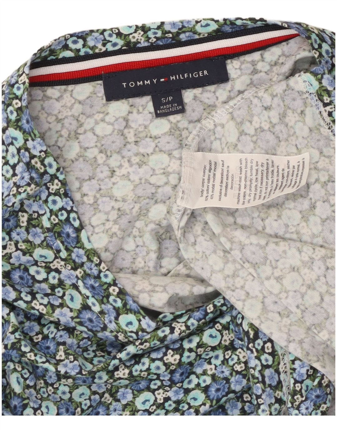 TOMMY HILFIGER Womens Crop Blouse Top UK 10 Small Blue Floral Cotton
