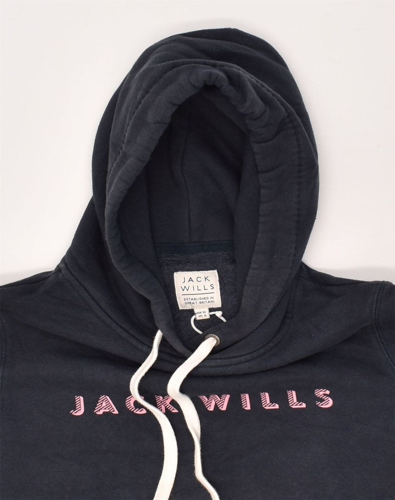 JACK WILLS Womens Graphic Hoodie Jumper UK 10 Small Navy Blue Cotton | Vintage Jack Wills | Thrift | Second-Hand Jack Wills | Used Clothing | Messina Hembry 