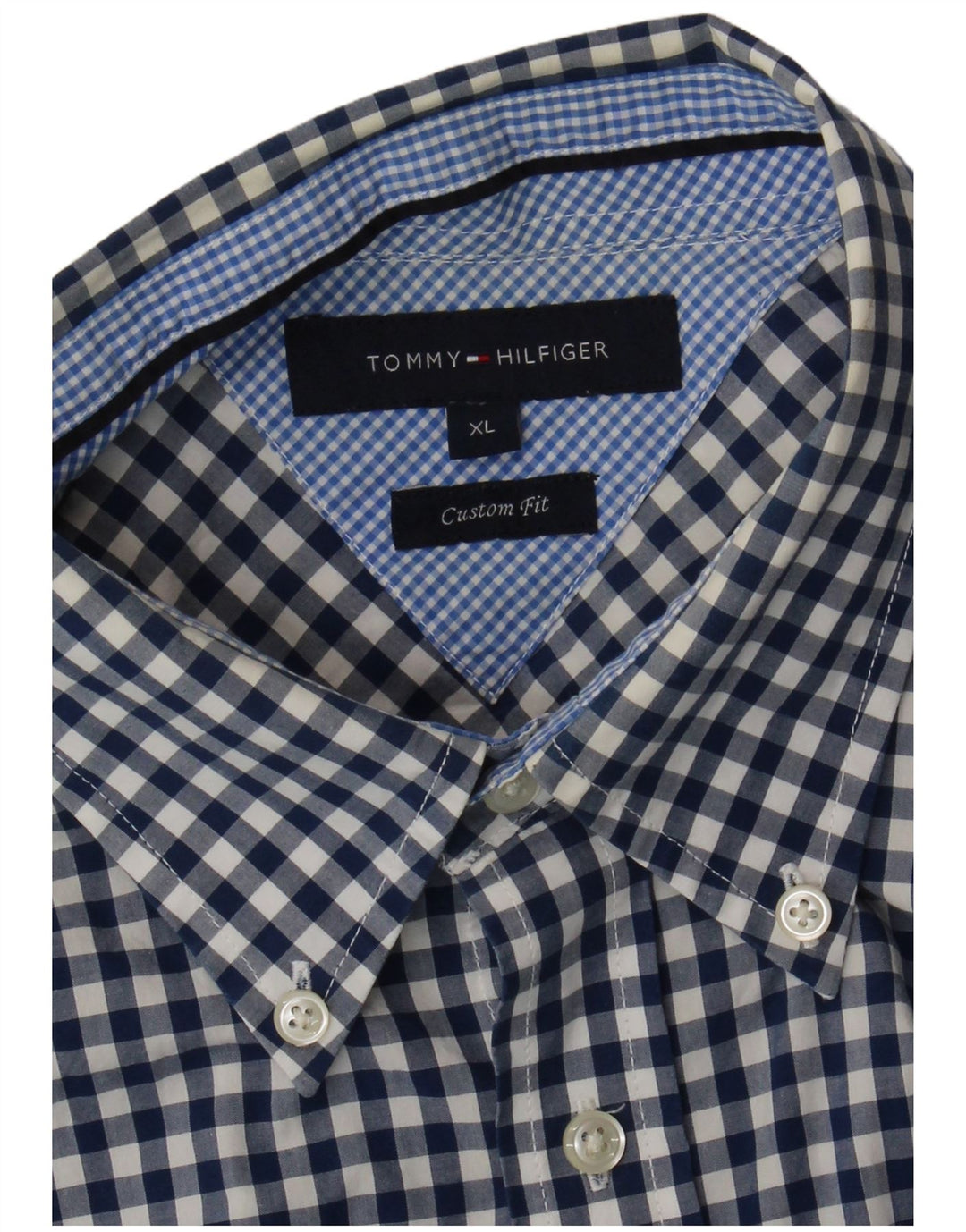 TOMMY HILFIGER Mens Custom Fit Short Sleeve Shirt XL Navy Blue Gingham
