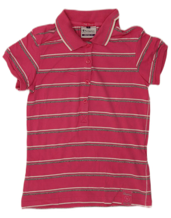 Champion Womens Heritage Fit Polo Shirt UK 14 Medium Pink Striped Cotton