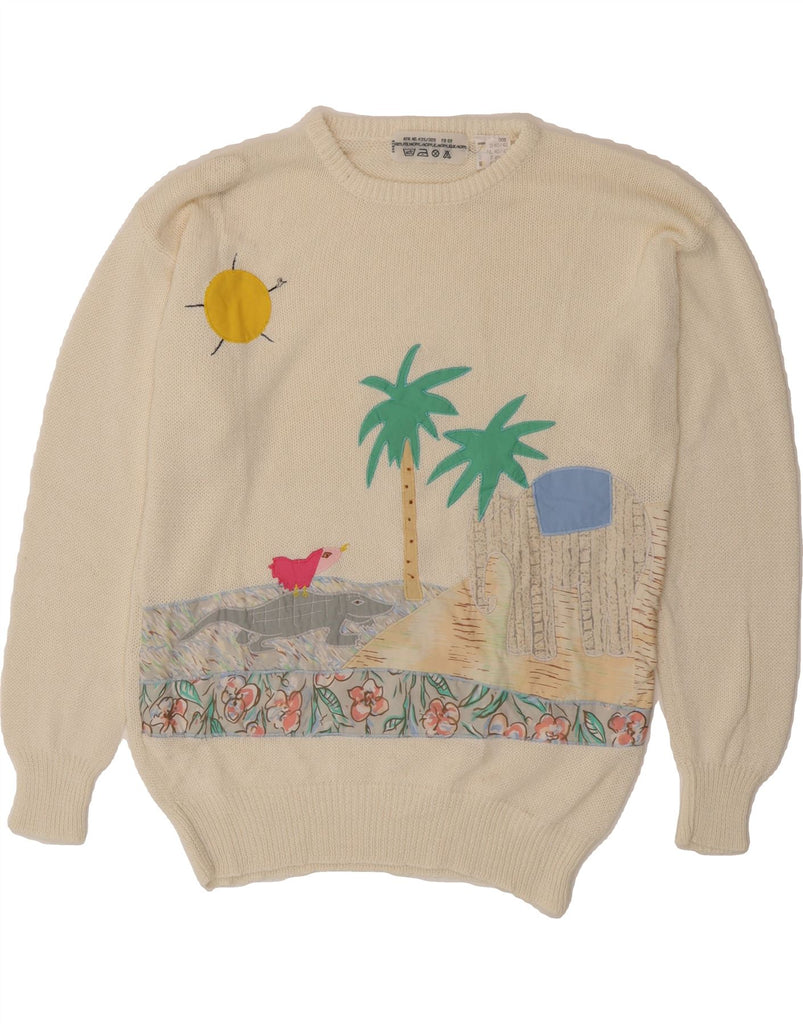 VINTAGE Womens Graphic Crew Neck Jumper Sweater IT 42/44 Medium Off White Vintage Vintage and Second-Hand Vintage from Messina Hembry 