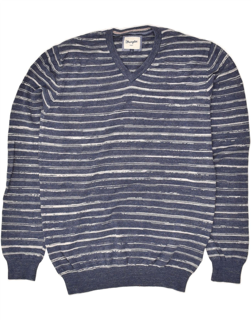 WRANGLER Mens V-Neck Jumper Sweater Large Navy Blue Striped Cotton | Vintage Wrangler | Thrift | Second-Hand Wrangler | Used Clothing | Messina Hembry 