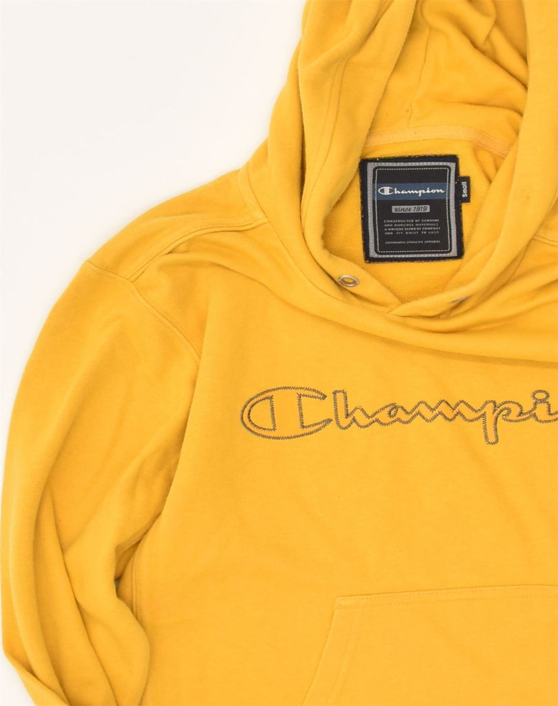 CHAMPION Mens Graphic Hoodie Jumper Small Yellow Cotton | Vintage Champion | Thrift | Second-Hand Champion | Used Clothing | Messina Hembry 