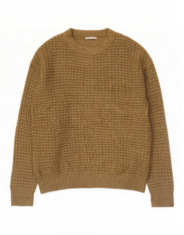 Zara Mens Crew Neck Jumper Sweater Large Khaki Flecked Polyester