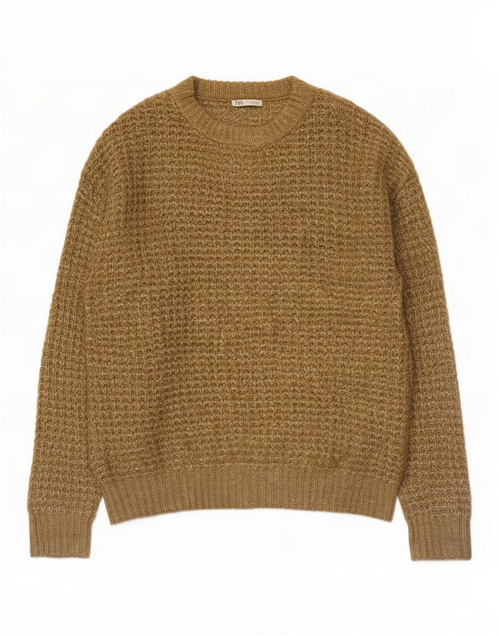 Zara Mens Crew Neck Jumper Sweater Large Khaki Flecked Polyester