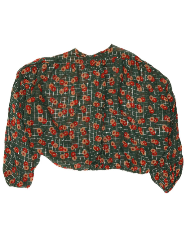 Vintage Womens Oversized Crop Blouse Top UK 14 Medium Green Floral