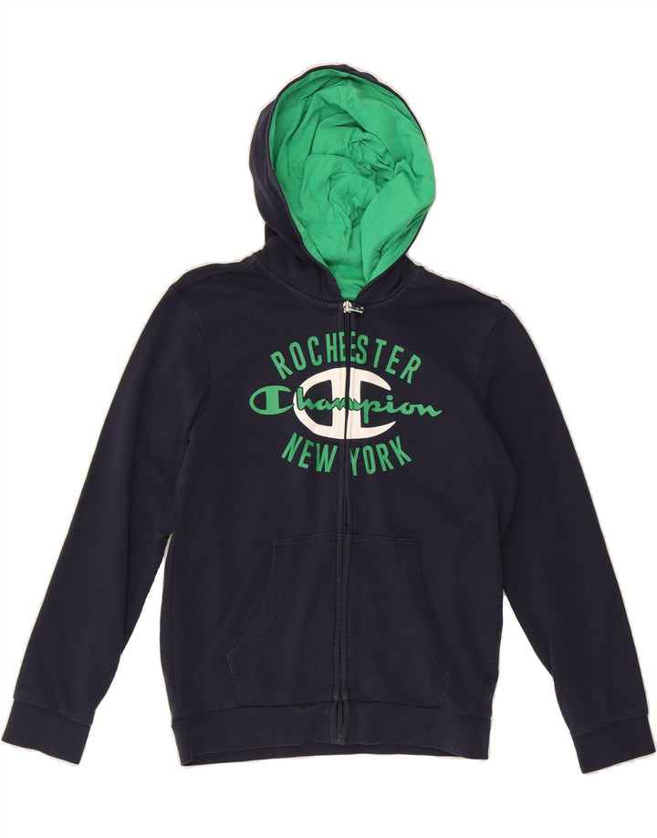 CHAMPION Boys Graphic Zip Hoodie Sweater 9-10 Years Medium Navy Blue Vintage Champion and Second-Hand Champion from Messina Hembry 