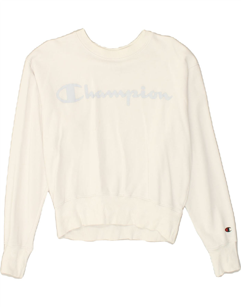 CHAMPION Womens Graphic Sweatshirt Jumper UK 16 Large White | Vintage Champion | Thrift | Second-Hand Champion | Used Clothing | Messina Hembry 