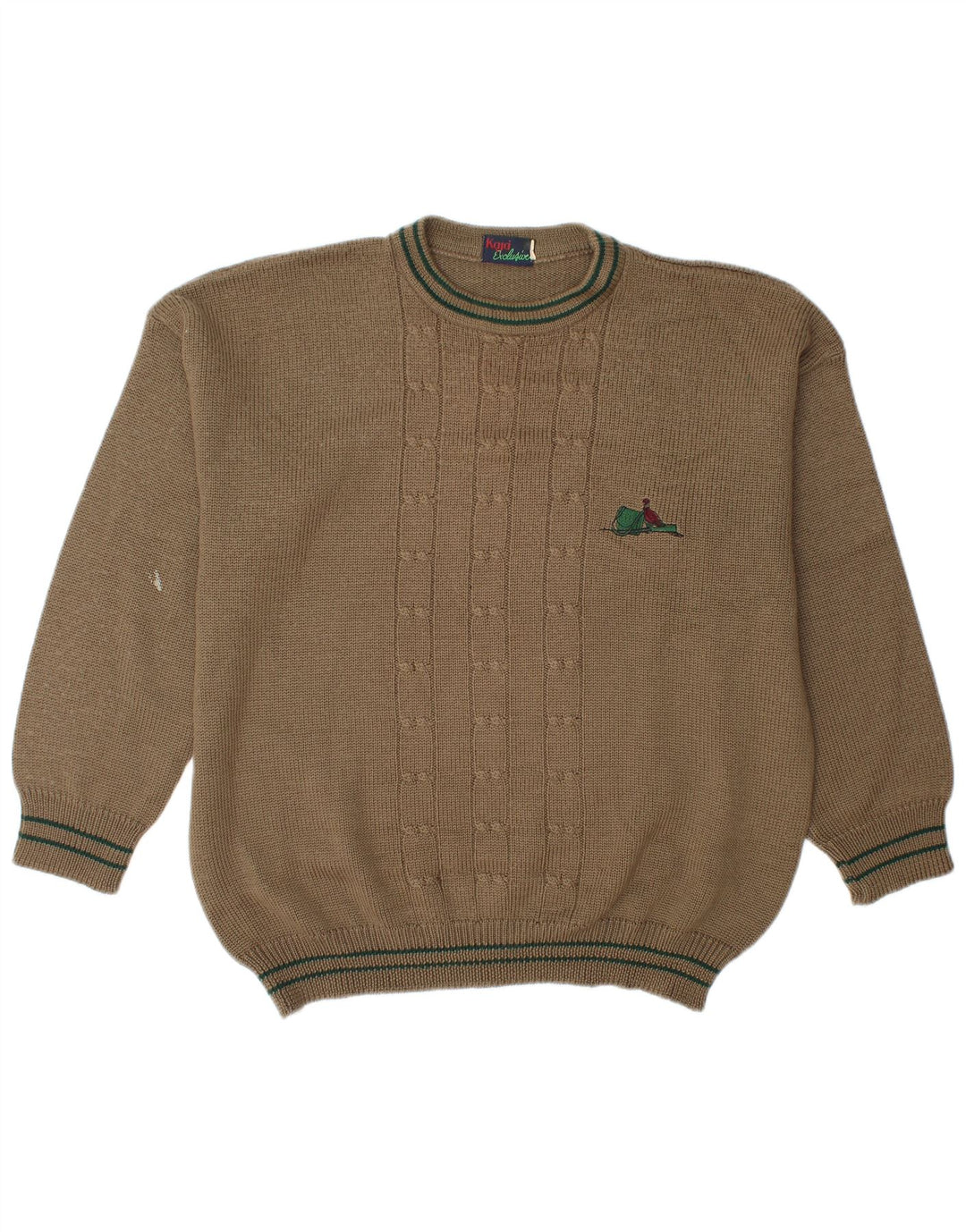 Vintage Mens Crew Neck Jumper Sweater XL Khaki Striped