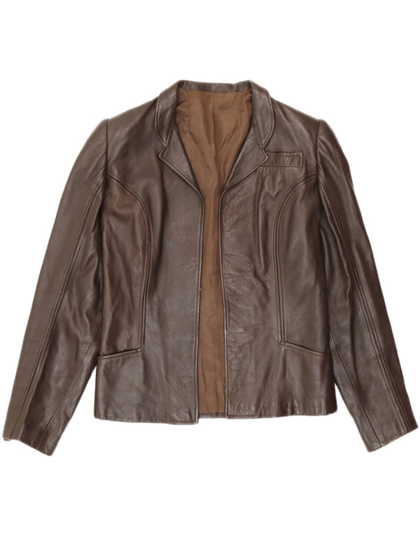 Vintage Womens Leather Open Blazer Jacket UK 10 Small Brown