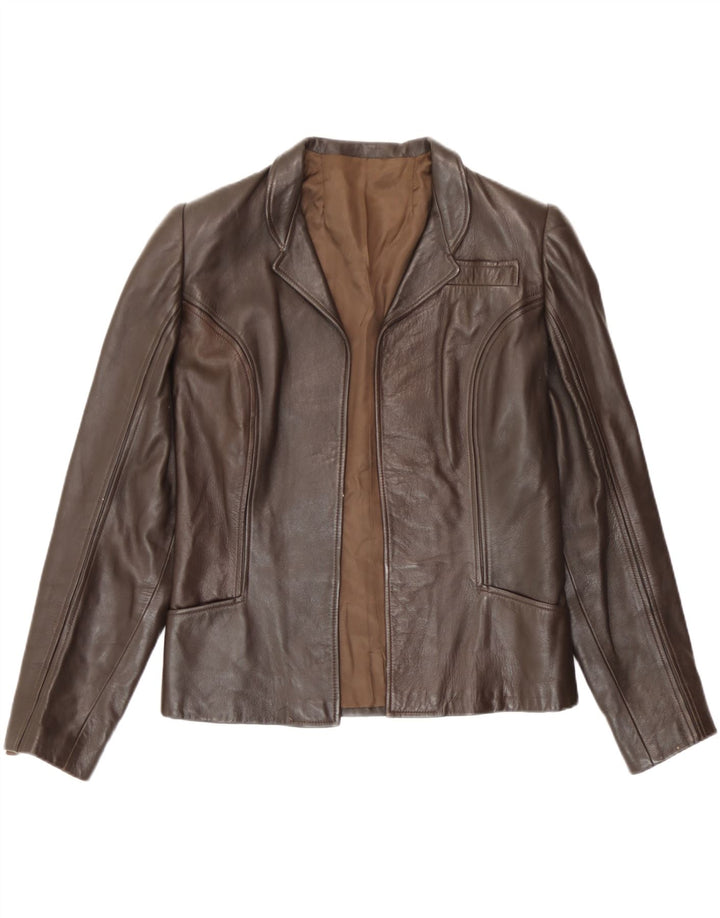 Vintage Womens Leather Open Blazer Jacket UK 10 Small Brown