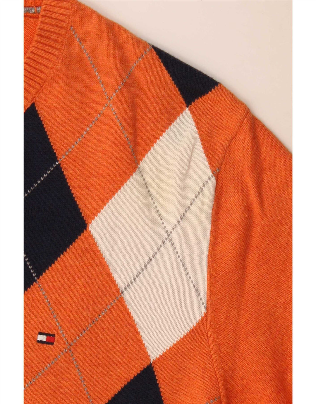 Tommy Hilfiger Mens V-Neck Jumper Sweater Medium Orange Argyle/Diamond