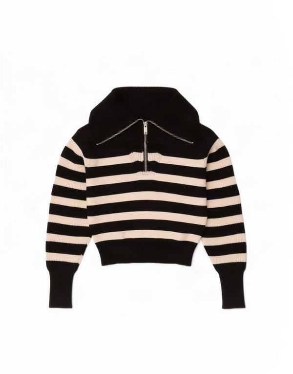 Zara Womens Zip Neck Jumper Sweater UK 12 Medium Black Striped Viscose