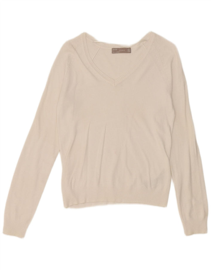 Zara Womens Crop V-Neck Jumper Sweater UK 12 Medium White Cotton