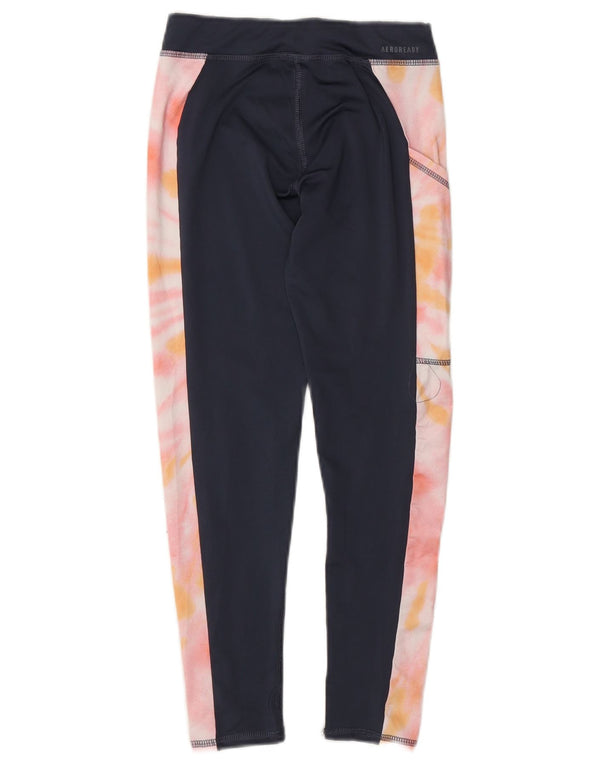 Adidas Girls Aeroready Leggings 7-8 Years Small Navy Blue Tie Dye Polyester