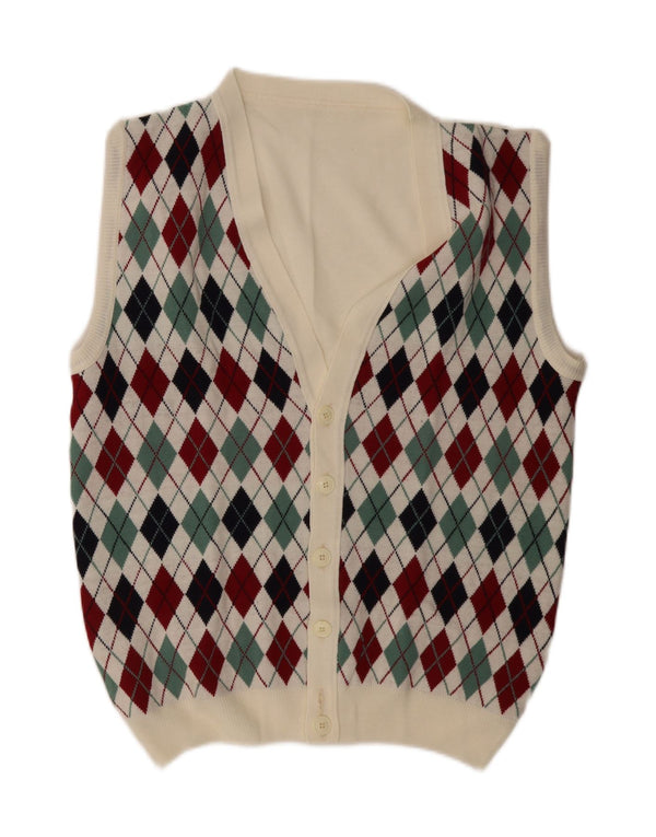 Vintage Mens Sleeveless Cardigan Sweater Large White Argyle/Diamond