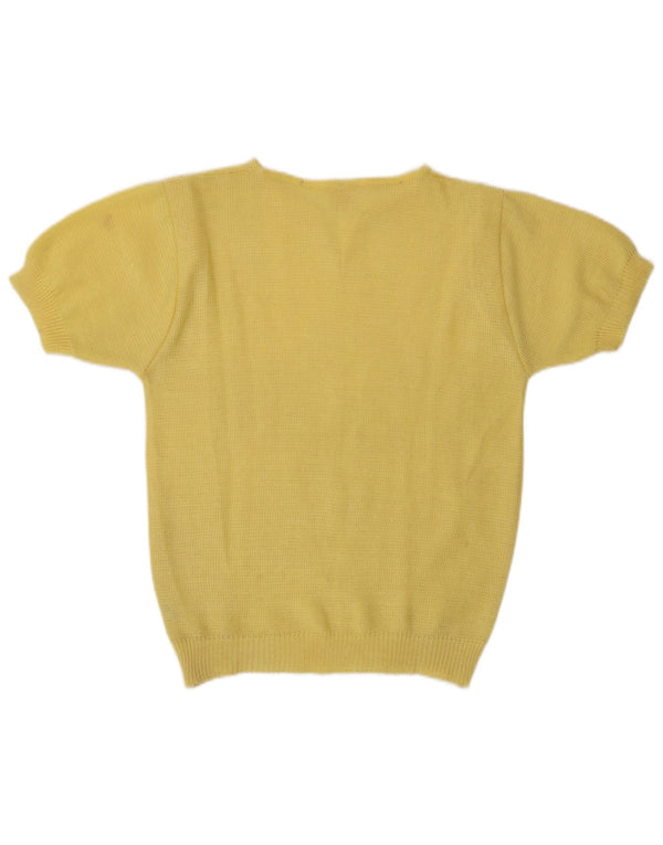 Vintage Womens Short Sleeve V-Neck Jumper Sweater UK 10 Small Yellow