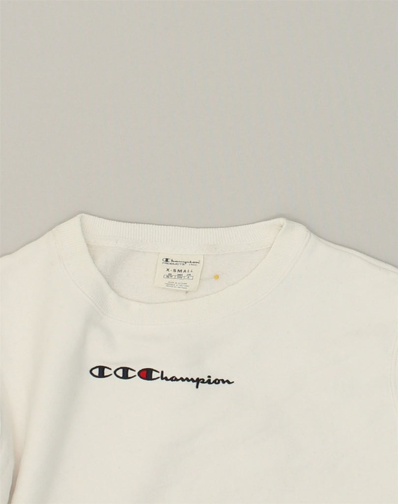 CHAMPION Womens Graphic Sweatshirt Jumper UK 6 XS White Cotton | Vintage Champion | Thrift | Second-Hand Champion | Used Clothing | Messina Hembry 