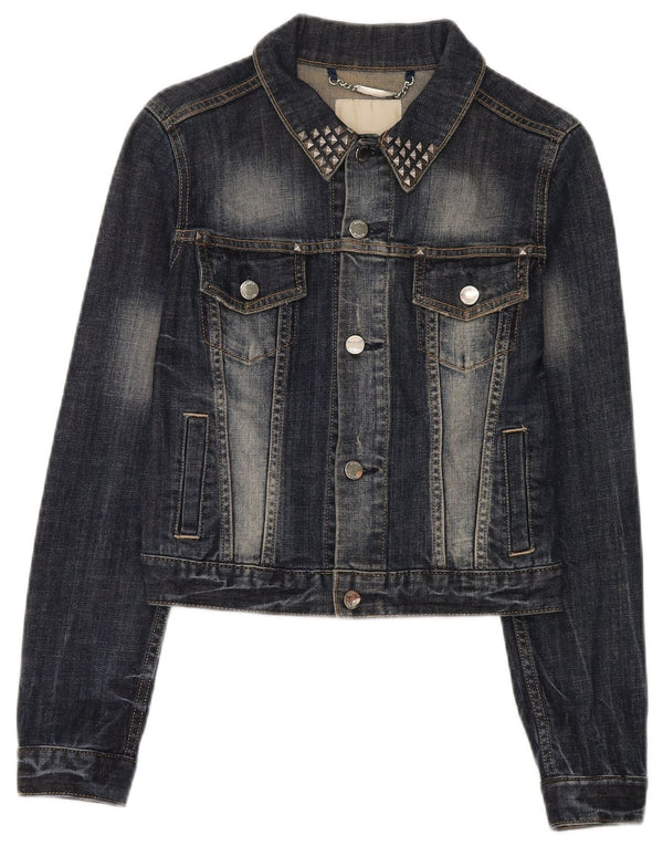 Karen Millen Womens Crop Denim Jacket UK 8 Small Navy Blue Cotton