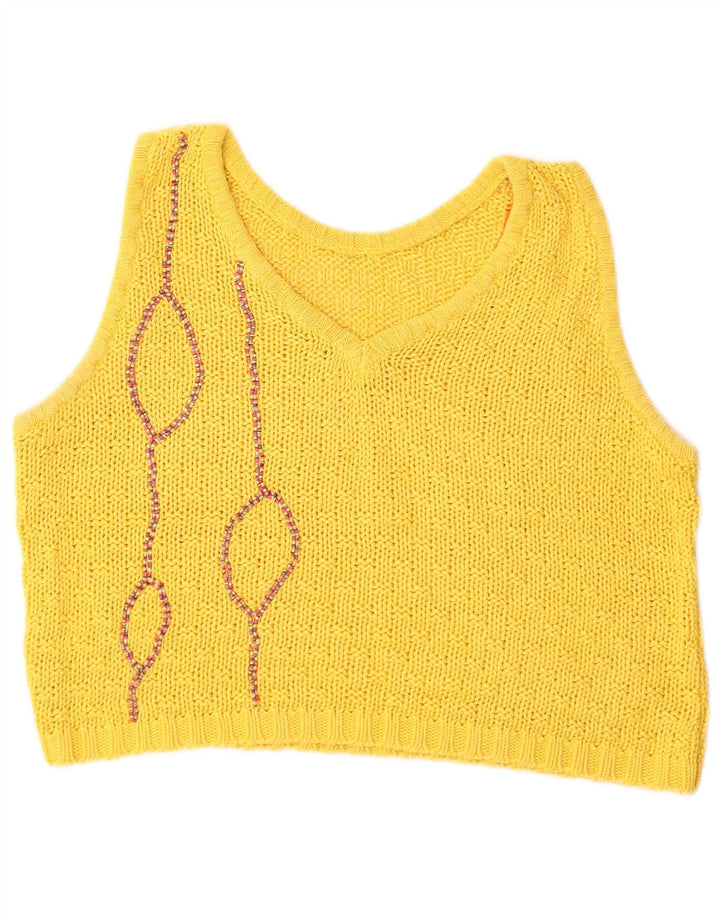 VINTAGE Womens Abstract Pattern Crop Vest Tank Top UK 12 Medium Yellow