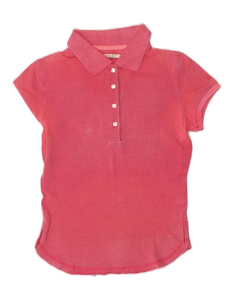 REPLAY Womens Graphic Polo Shirt UK 10 Small Pink Vintage Replay and Second-Hand Replay from Messina Hembry 