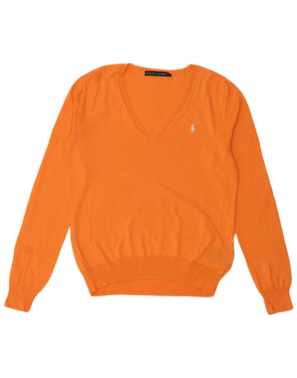 Ralph Lauren Womens V-Neck Jumper Sweater UK 14 Large Orange Cotton