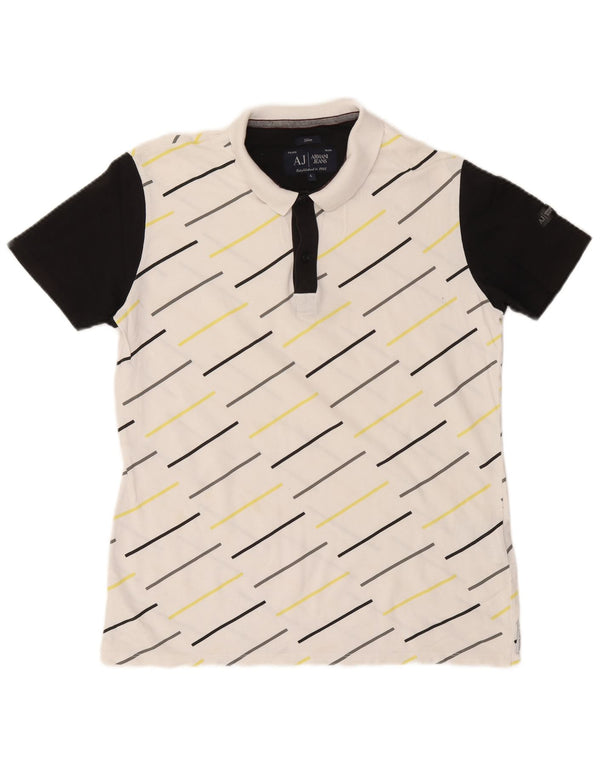 Armani Jeans Mens Slim Polo Shirt Large White Striped Cotton