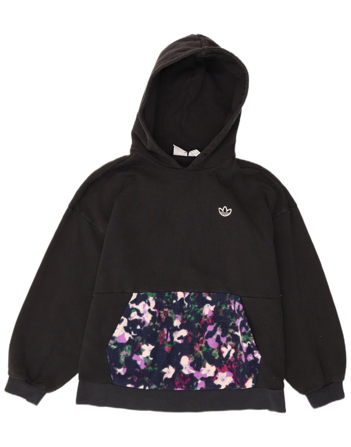 ADIDAS Womens Oversized Hoodie Jumper UK 10 Small Black Floral Cotton