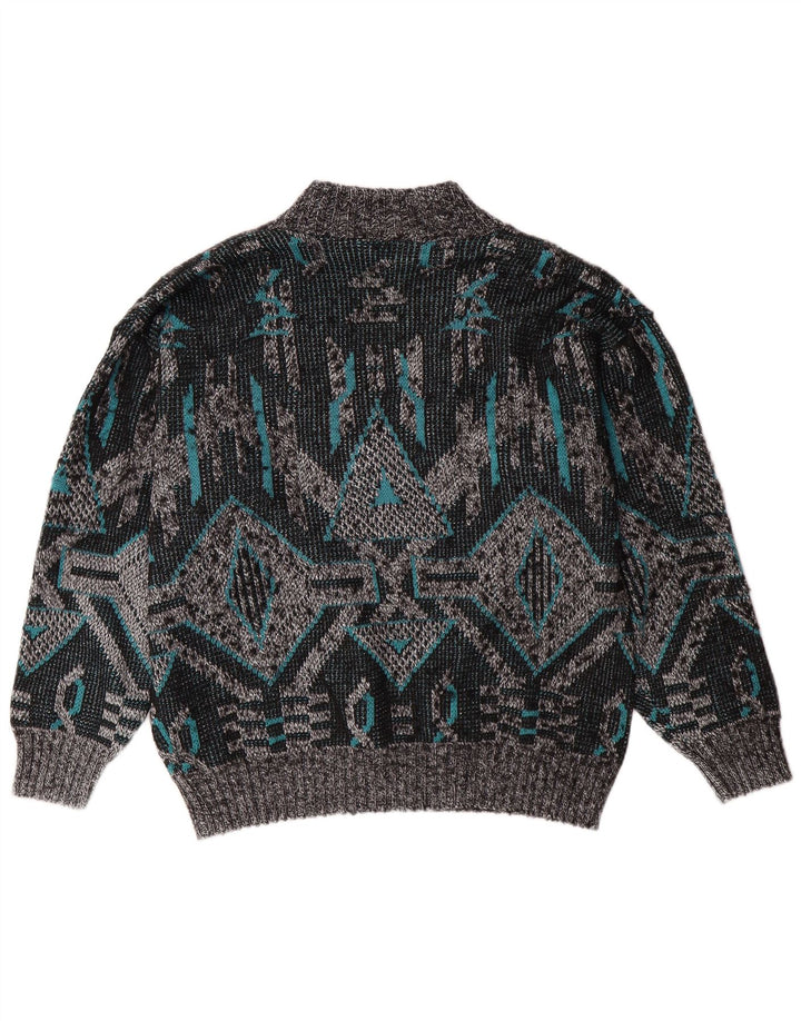 VINTAGE Mens V-Neck Jumper Sweater Large Grey Geometric