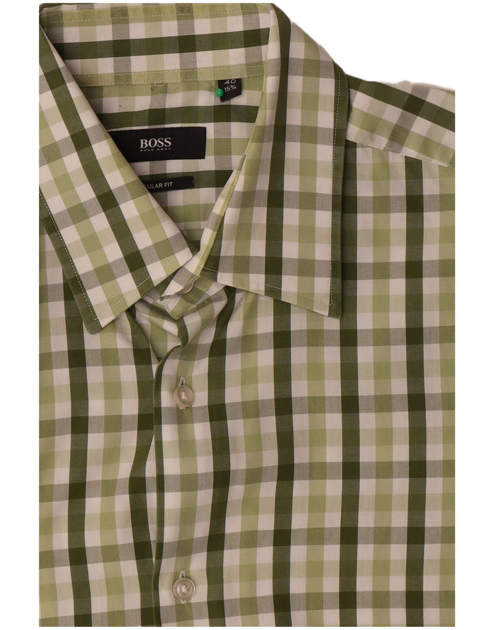 Hugo Boss Mens Short Sleeve Shirt Size 40 15 3/4 Medium Green Gingham