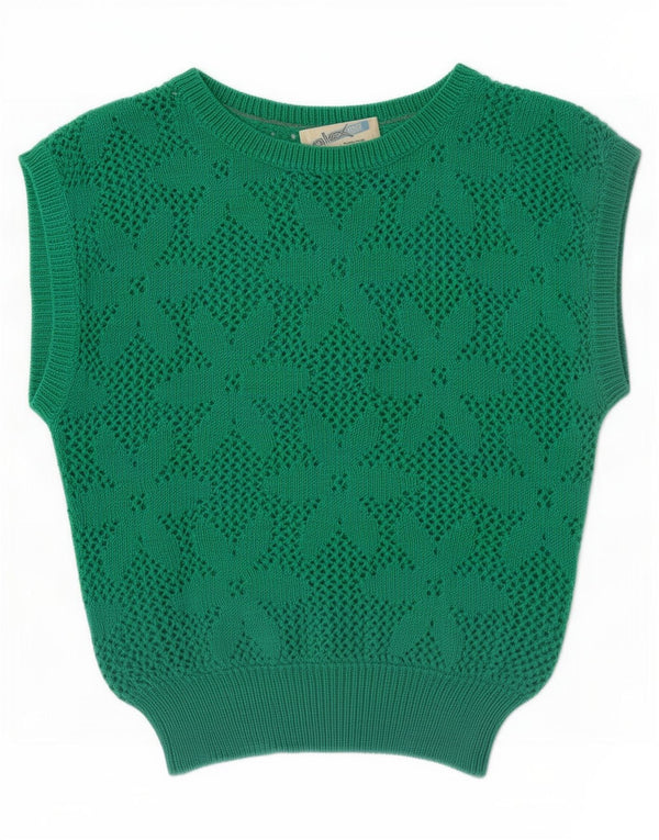 Vintage Womens Crop Crochet Vest Tank Top UK 12 Medium Green Floral Acrylic