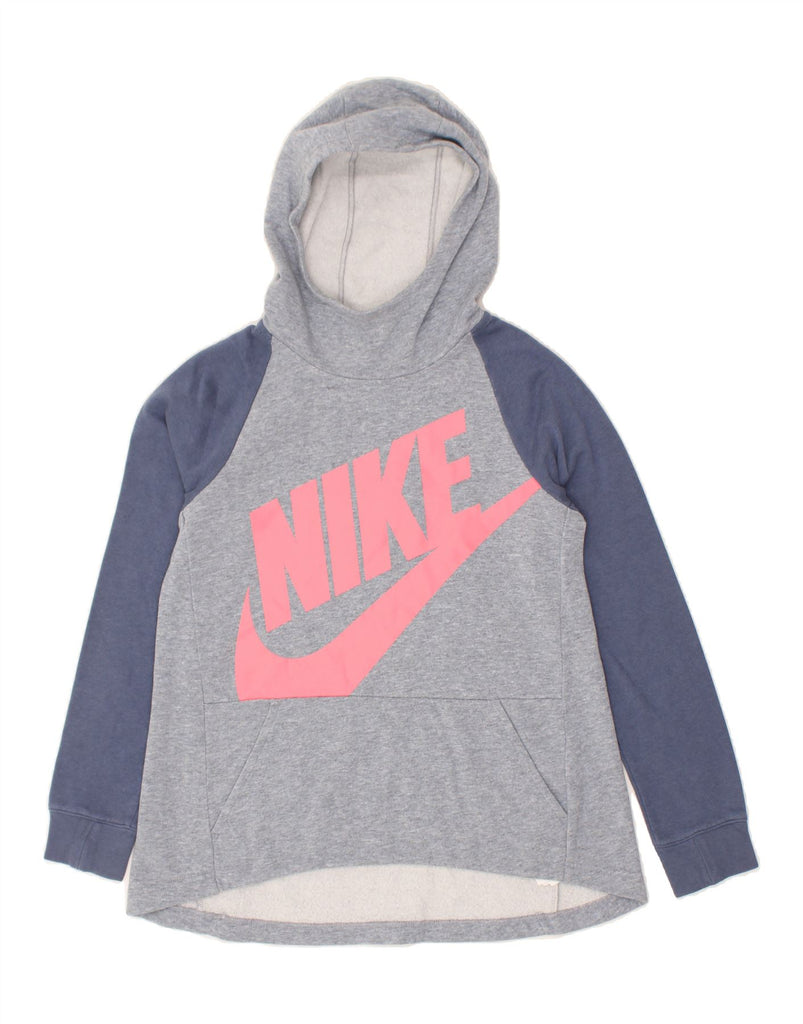 NIKE Girls Graphic Hoodie Jumper 12-13 Years Large Grey Colourblock Cotton | Vintage Nike | Thrift | Second-Hand Nike | Used Clothing | Messina Hembry 