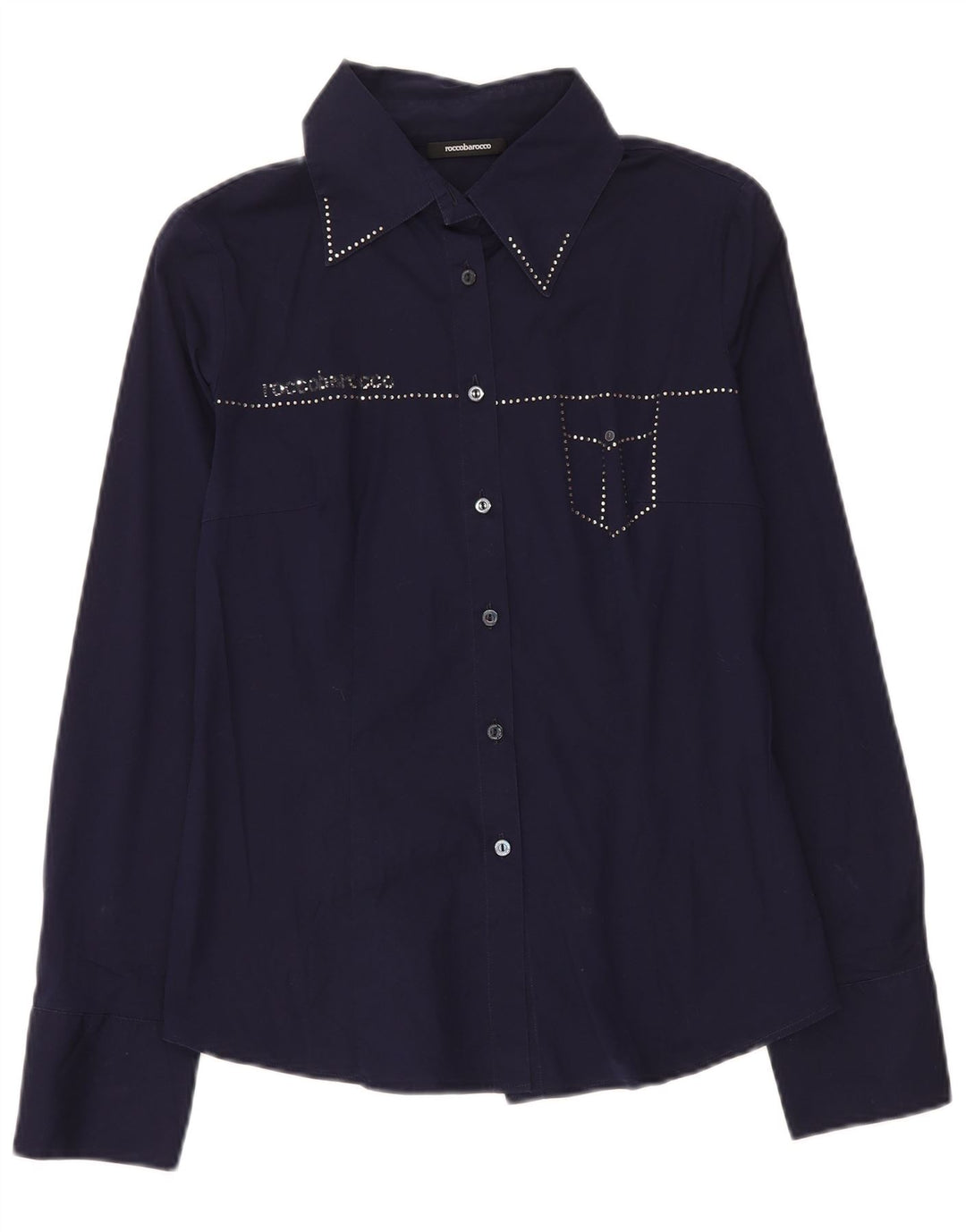 Roccobarocco Womens Graphic Shirt Blouse IT 44 Medium Navy Blue Cotton