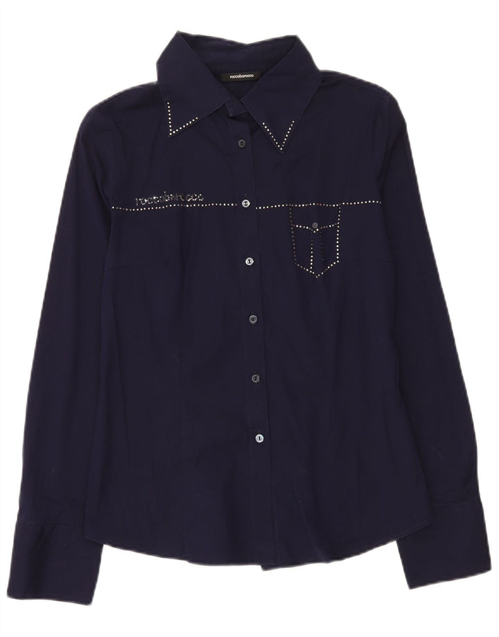 Roccobarocco Womens Graphic Shirt Blouse IT 44 Medium Navy Blue Cotton