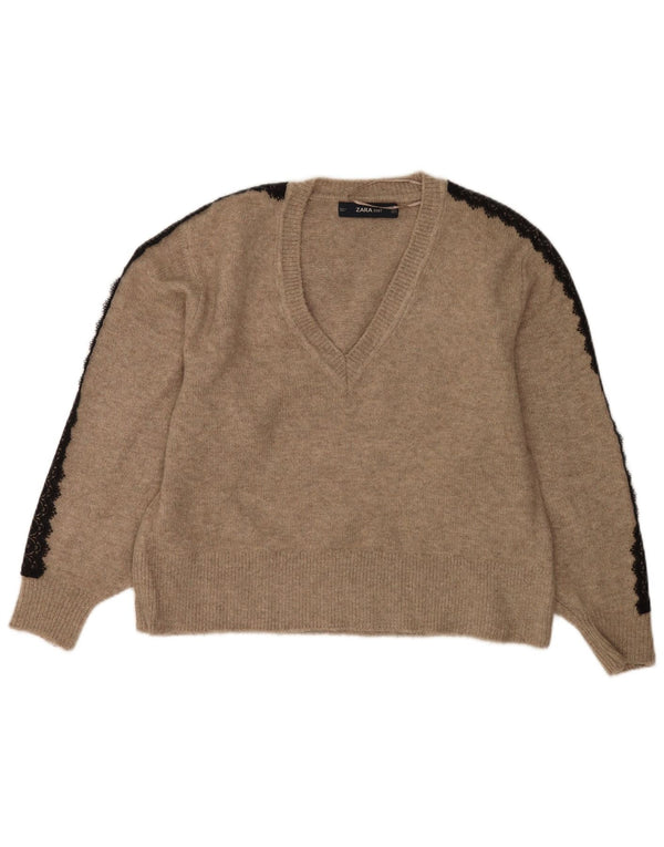 Zara Womens Oversized V-Neck Jumper Sweater UK 10 Small Beige Acrylic
