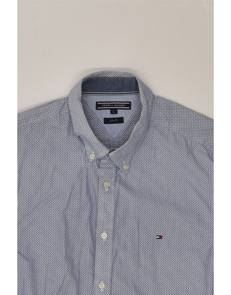 TOMMY HILFIGER Mens Slim Fit Shirt Large Blue Geometric Cotton | Vintage Tommy Hilfiger | Thrift | Second-Hand Tommy Hilfiger | Used Clothing | Messina Hembry 