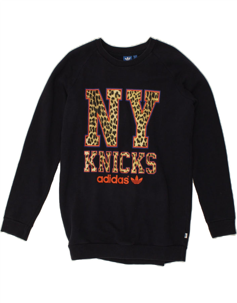 ADIDAS Womens NY Knicks Graphic Sweatshirt Jumper UK 12 Medium Navy Blue | Vintage Adidas | Thrift | Second-Hand Adidas | Used Clothing | Messina Hembry 