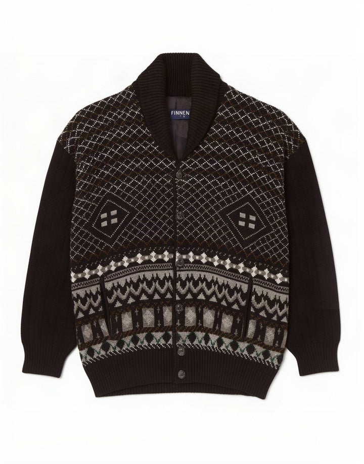 Finnegan Mens Cardigan Sweater Large Black Fair Isle Acrylic