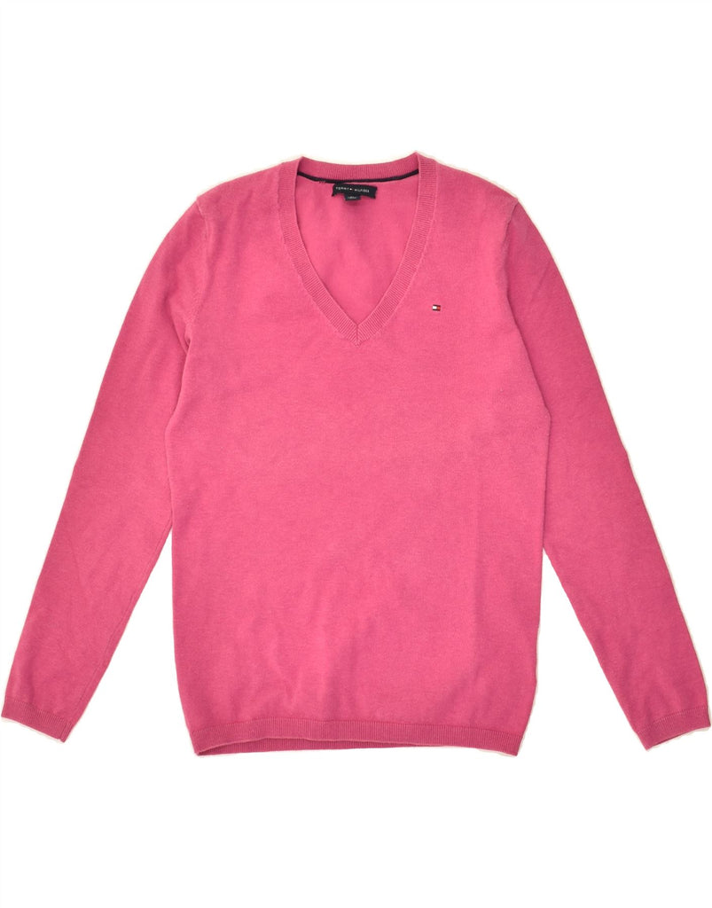 TOMMY HILFIGER Womens V-Neck Jumper Sweater UK 4 XS Pink Cotton | Vintage Tommy Hilfiger | Thrift | Second-Hand Tommy Hilfiger | Used Clothing | Messina Hembry 