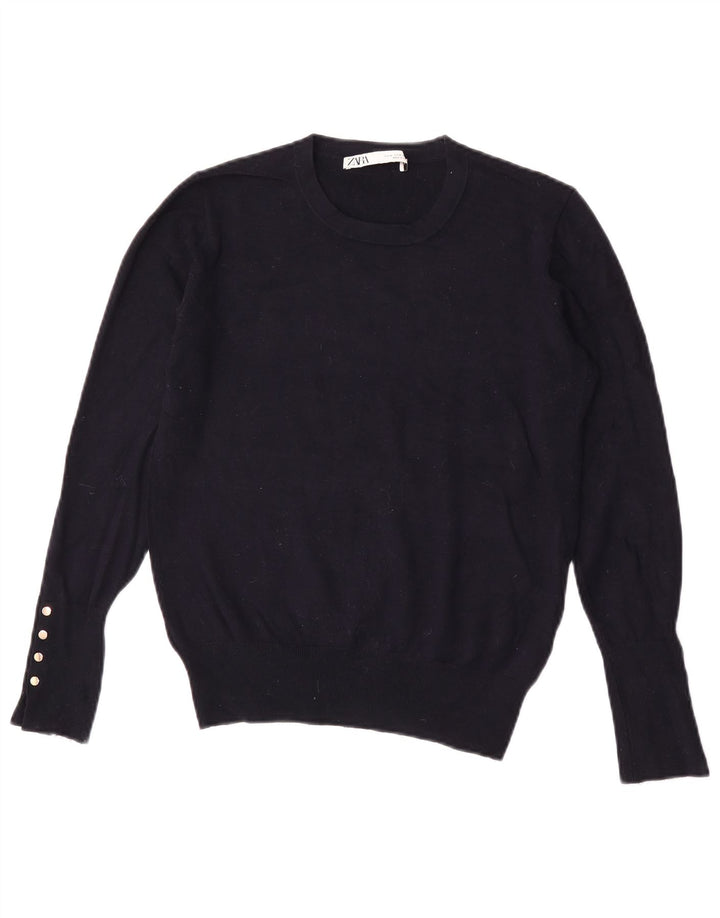 Zara Womens Crew Neck Jumper Sweater UK 12 Medium Navy Blue Viscose
